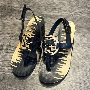 Tory Burch Navy and Tan Sandals with Logo